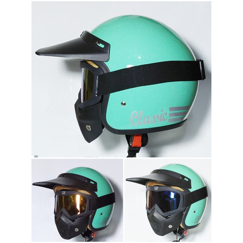 HELM BOGO RETRO+ kaca mata gogel +pet panjang-hijau tosca