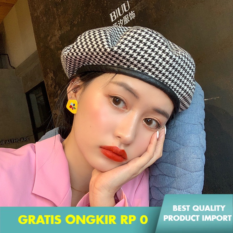 Topi Baret Fashion Wanita Barat Topi Wanita Fashion Klasik Houndstooth Baret PU Kulit Edge Inggris  