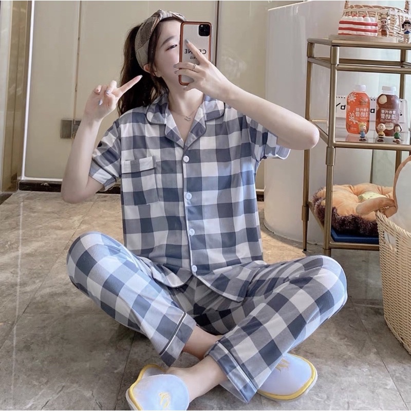 JC Piyama Set CP import / Piyama wanita CP / Piyama wanita Import murah-Square Big Blue CP