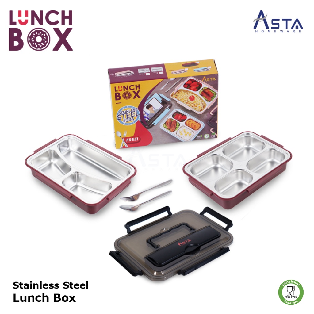 Lunch Box Set Stainless Steel 3 Sekat dan 4 Sekat Kotak Makan BPA Free Tahan Panas Free Sendok Garpu