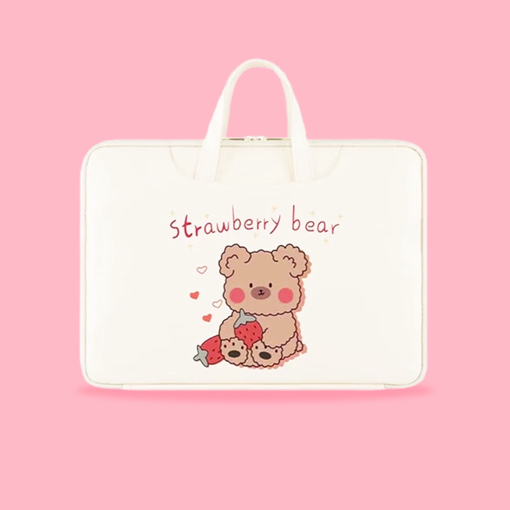 Sleeve Pouch Sarung Tas Bag Case Ipad Tab Tablet Macbook Air Pro Laptop Asus Acer Lenovo HP Huawei 11 12 13 14 15 inch Motif Gambar Strawberry Bear Beruang Warna Putih Lucu Cute Murah Korean Model Jinjing Tali Strap