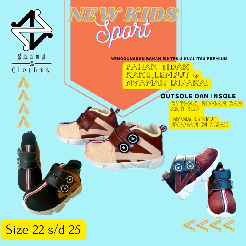 Sepatu Anak Sneakers Cowok Cewek Usia 1-3 Tahun Tali 2 Bintang Hitam/Tan/Maroon Lucu