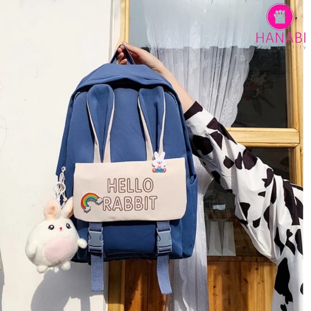 HANABI - Tas ransel sekolah HELLO RABBIT + PATCH tas wanita tas remaja murmer