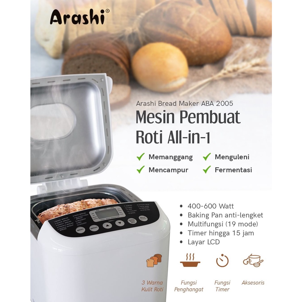 Arashi Digital Bread Maker Electric - Alat Mesin Pembuat Roti Otomatis ABA 2005 Listrik