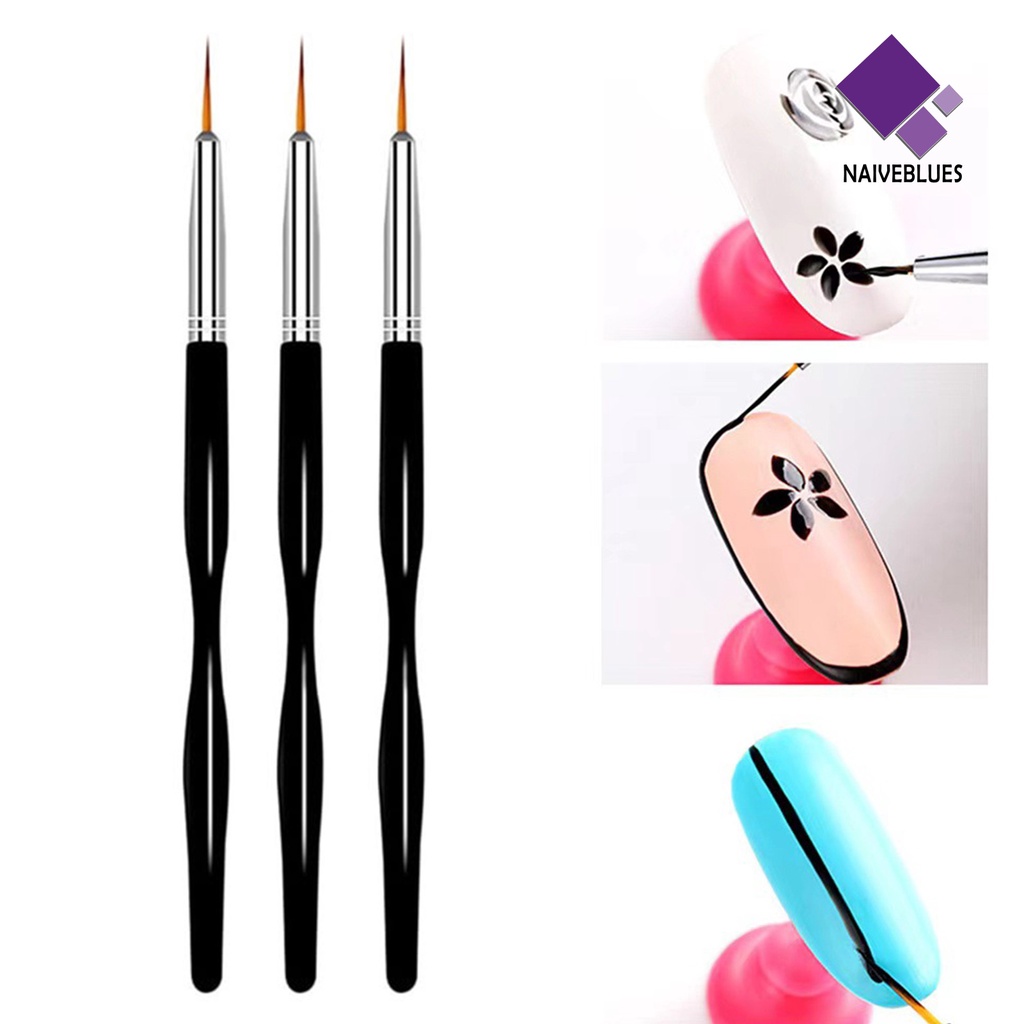 Naiveblue 3Pcs / Set Pen Gambar Garis Nail Art Ringan Reusable Warna Hitam