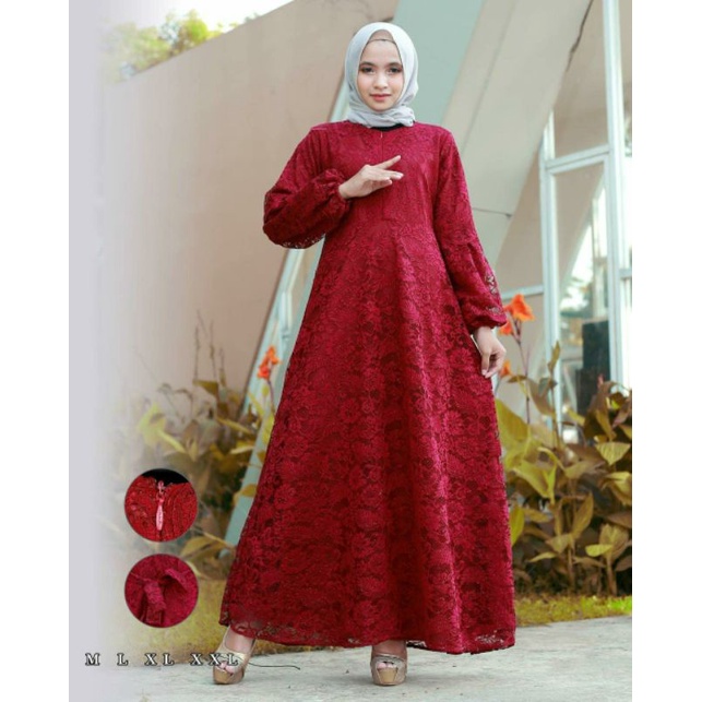 (realpict)gamis pesta mewah murah|gamis brukat tangan balon busui resleting depan gratis masker