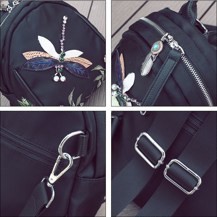 Tas Fashion Wanita Ransel Mini Cantik Style Retro Gambar Capung Rajutan Tangan PU Leather