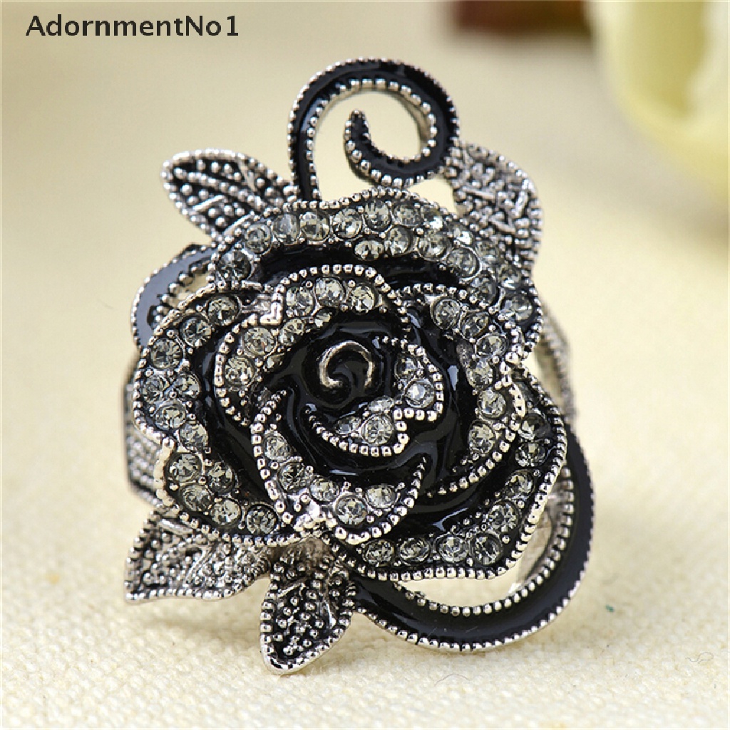 (AdornmentNo1) Cincin Gaya Retro Vintage Motif Bunga Mawar Aksen Kristal Hitam Untuk Perhiasan Wanita / Hadiah