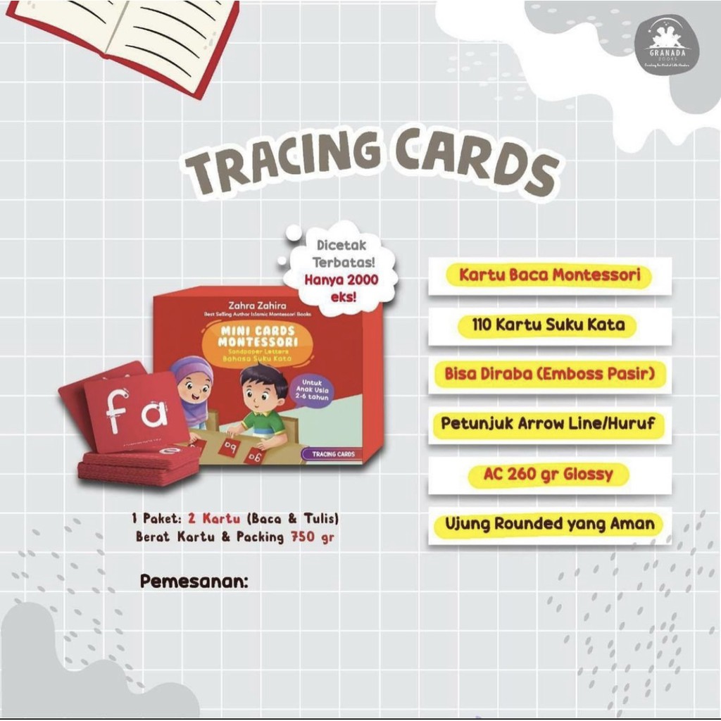 Mini Cards Montessori Tracing dan Menulis Huruf Suku Kata Mini Cards Granada Membaca menyenangkan al