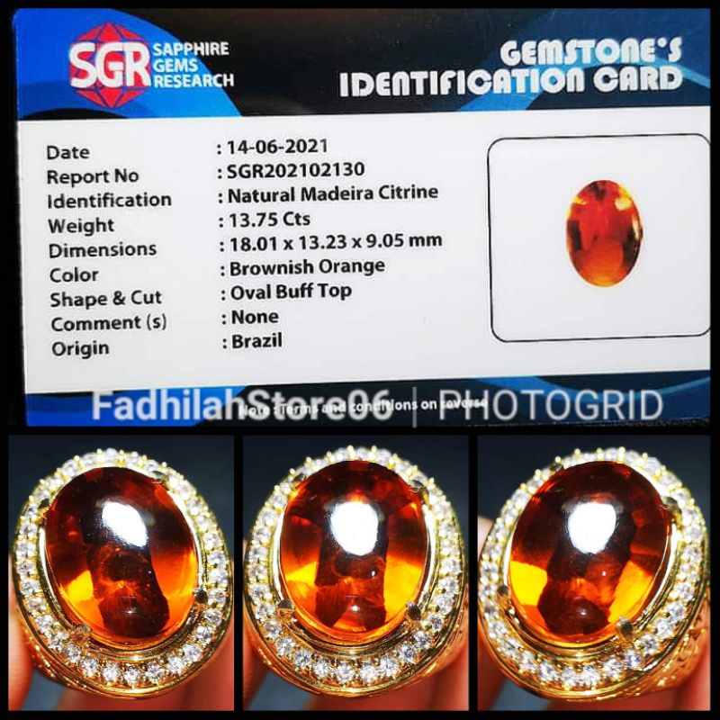 Cincin Batu Yakut Kecubung Citrine Quartz oval Asli Istimewa + Memo Lab