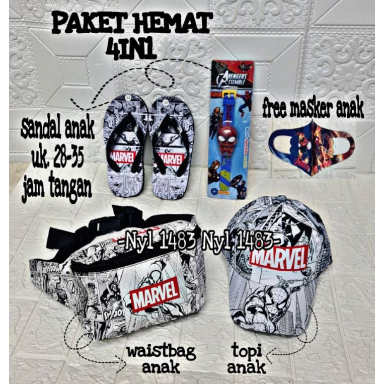 Real pict | Paket hemat 4in1 tas waistbag anak karakter superhero / free topi/ sandal/ jam tanga / masker