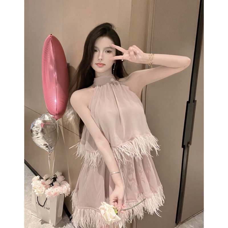 Gaun Wanita Versi Korea Desain Sifon Tanpa Lengan Halter Temperamen Rok Pendek Musim Panas Kasual Warna Solid Rok Longgar Trendi