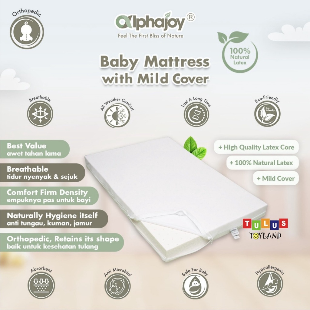 Alphajoy Baby Mattress Mild Cover kasur bayi 100% Natural Latex 95 x 65 size 105 x 70 uk 110 x 70 matras 120 x 60 cocok box baby joie babyelle nuna pliko right start little equi busa lateks ranjang kayu anak bedding alas tidur