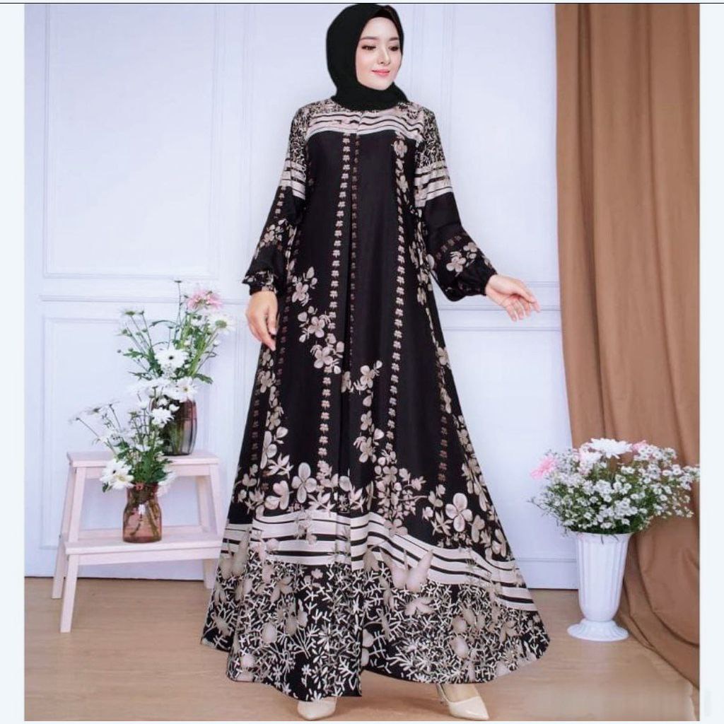 Zica Dress Wanita Silk Embroidery Premium Gamis Terbaru Lengan Pendek Baju Muslim Kekinian LD 110 cm