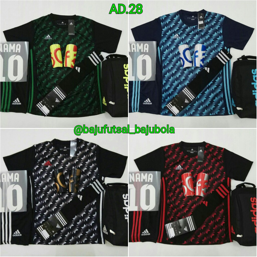 Baju Futsal Adidas AD.28 (Paketan) Setelan Jersey futsal Sepakbola Kaus Kaki Tas Deker Nameset