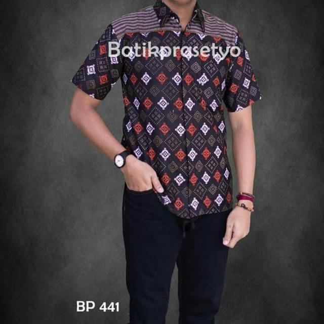 Risna Batik HRB026 kenongo kemeja hem pendek padi pekalongan M L XL MURAH KEREN bati pria wajik biru