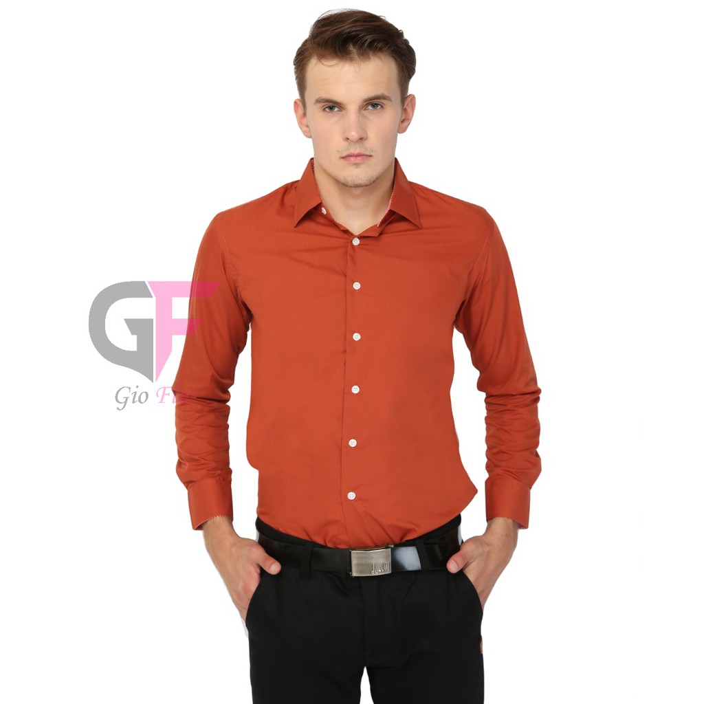 GIOFLO Baju Modern Kemeja Panjang Pria Polos Formal Merah Tua / LNG 1436