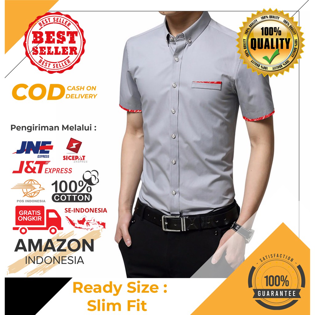 ATASAN HEM KEMEJA PRIA WARNA GREY ABU MODEL LENGAN PENDEK SLIM FIT BISA MELAR BAHAN KATUN LEMBUT ORI