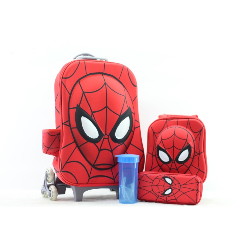 Tas Sekolah Dorong Troli Trolley Anak TK SD Spiderman Merah Hitam