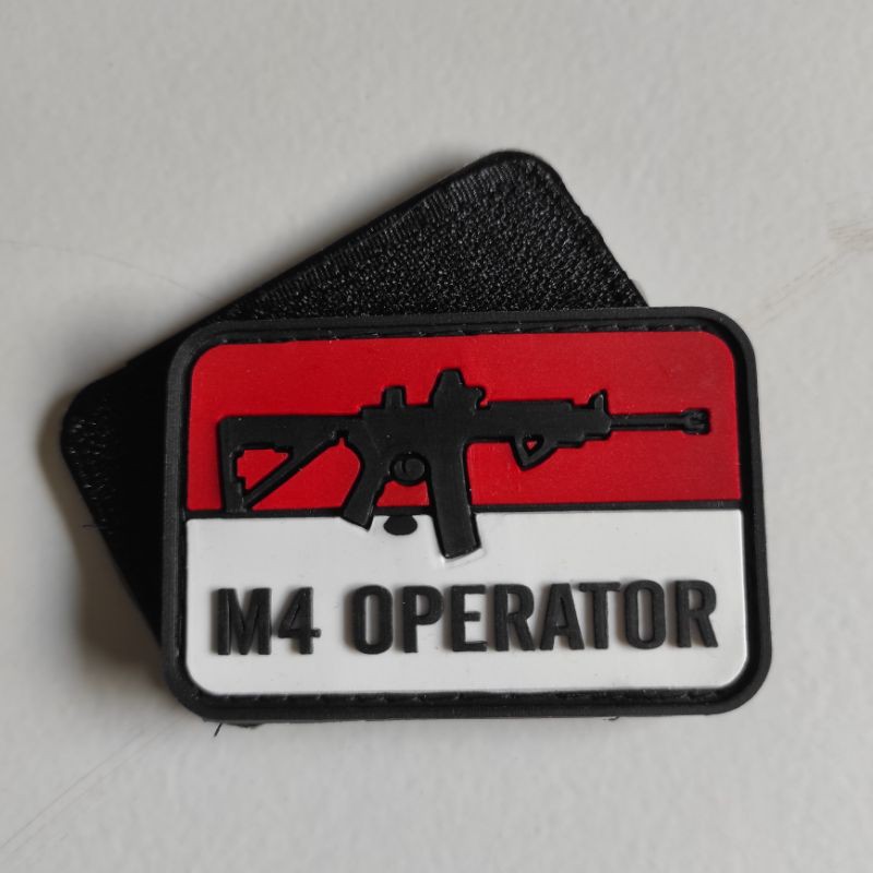 PATCH RUBBER LOGO SENJATA M4 OPERATOR DASAR MERAH PUTIH/TEMPELAN EMBLEM KARET VELCRO TACTICAL