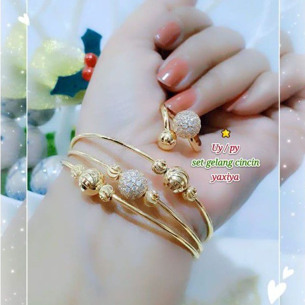 (JAN) TERMURAH Set Perhiasan Lapis Emas Xuping Gelang Cincin Pentol Permata Gold Gold Modis Titanium