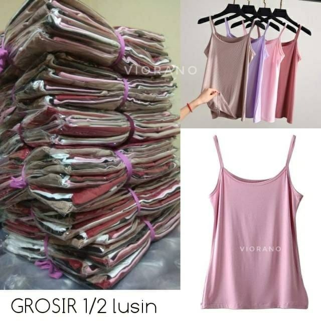 Grosir 12pcs Tanktop Wanita Tali Kecil Adem / Tang Top Lusinan Cewek AllSize Muat XL Warna Seri Adem