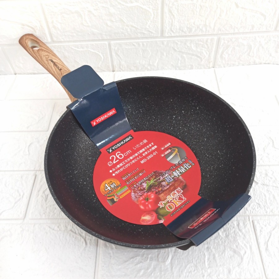 Wajan Penggorengan Yoshikawa Kuali Fry Wok Marble 26 cm Anti Lengket