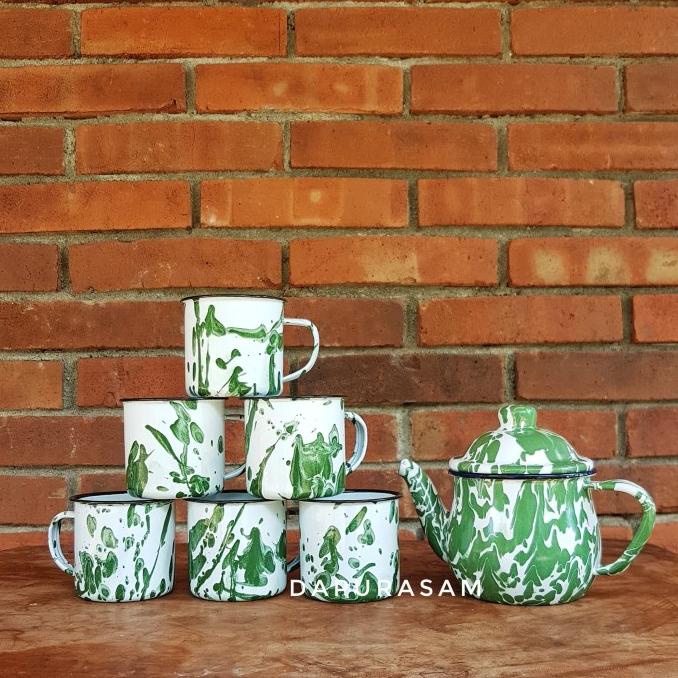 cusss order] Set Teko Cebol + 6 Mug Lurik 7cm Enamel Seng Blek Gelas Jadul Blirik