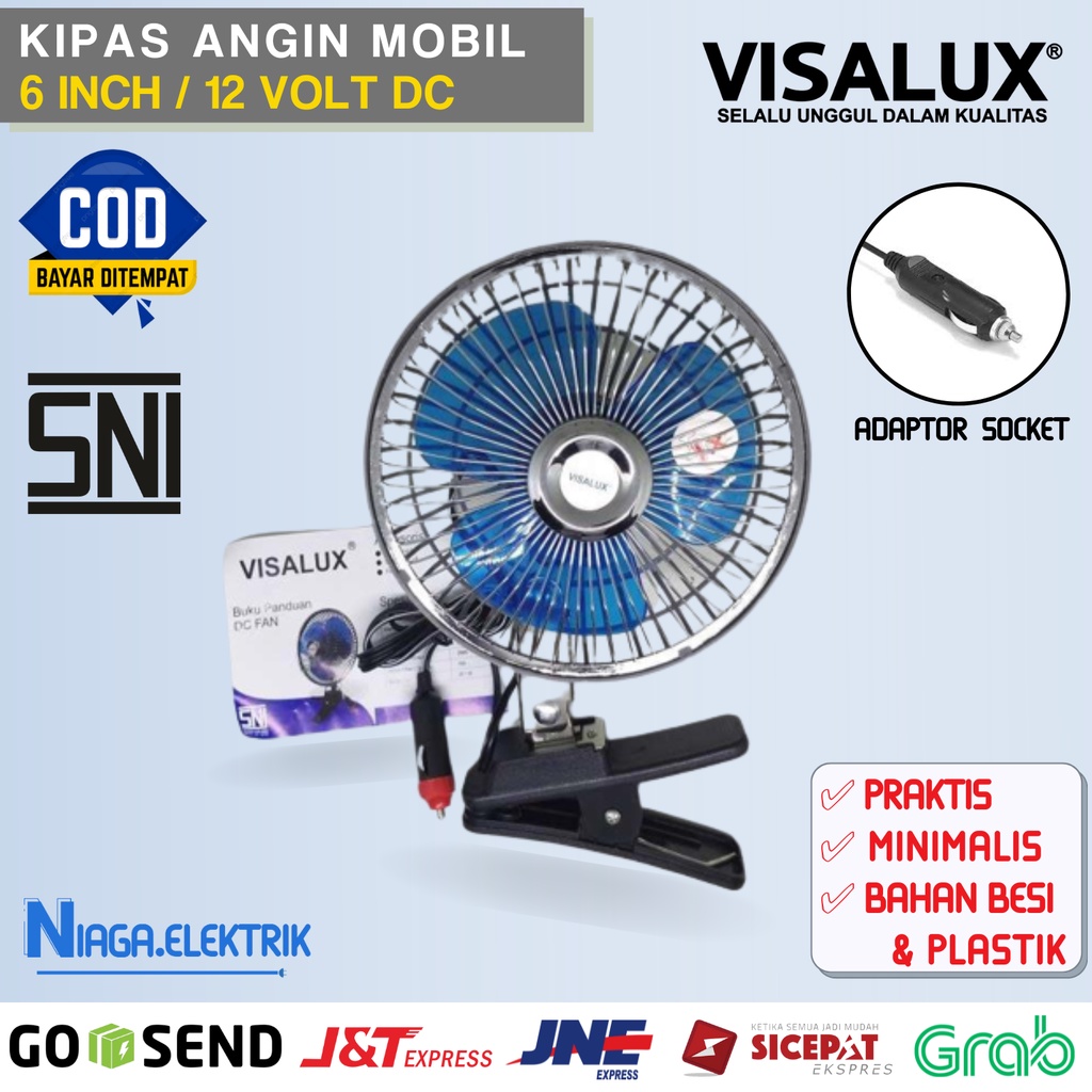 Kipas angin jepit kendaraan mobil bis bus truck van truk 12 DC dengan port 12v volt accu aki ukuran 