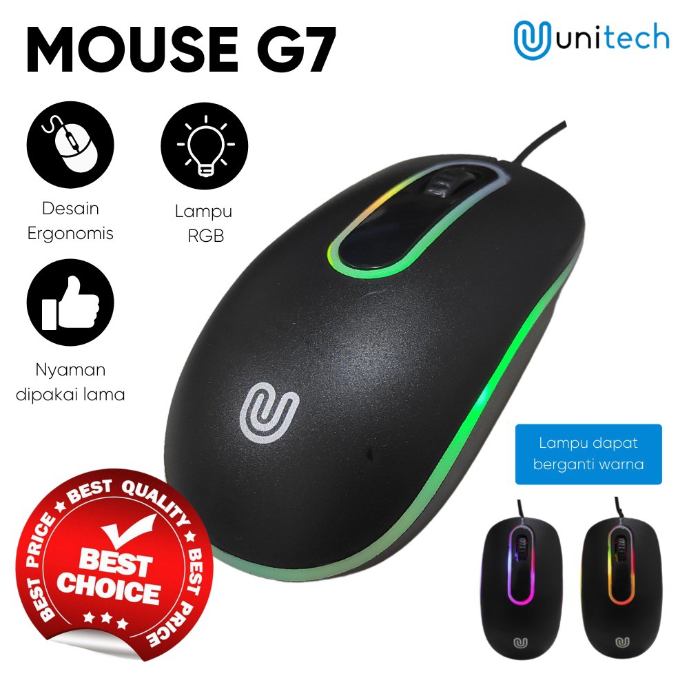 Optical Mouse G7 Unitech Wired Kabel USB 1200DPI LED Black