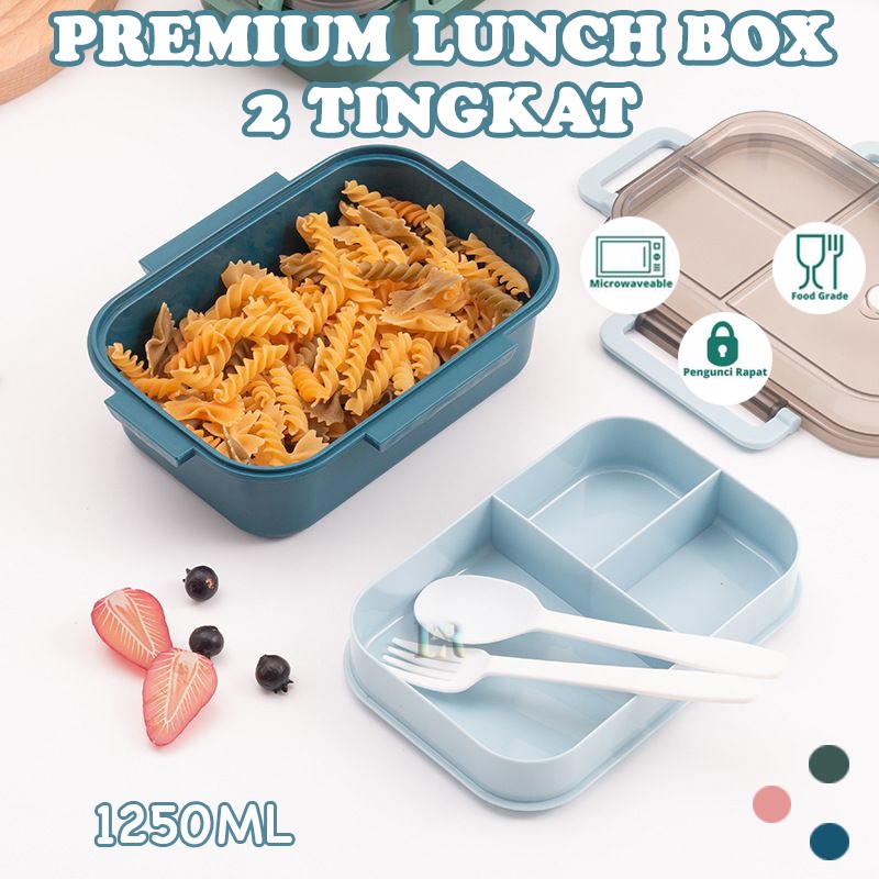 Lunch Box Set 1250ML Kotak Bekal Makan Siang 2 Susun / 2 Tingkat Dengan Sendok Garpu Wadah Makan Untuk Anak Anak Sekolah Piknik Camping Kotak Bento Food Grade Microwaveable Dengan Desain Anti Bocor Kotak Makan Nasi Snack Sayur Sop Buah Portabel Misting