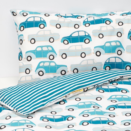 RORANDE Sarung quilt 110x125 cm bantal 35x55 cm untuk ranjang bayi, mobil biru