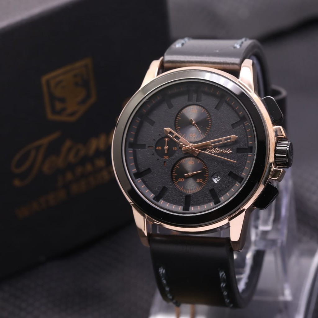 Jam Tangan Pria Tetonis Original 32354LS Tali Kulit Chrono Tanggal Akitf