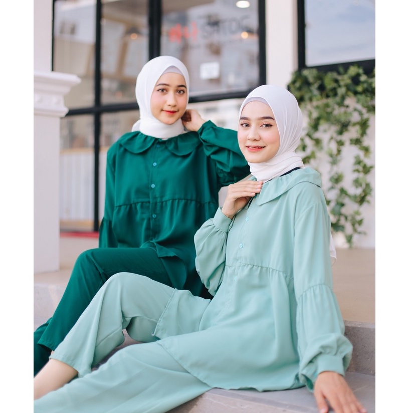 (DBY) ONE SET POPPY BONDA TUNIK SET REMPEL ATASAN OVERSIZE WOLFIS