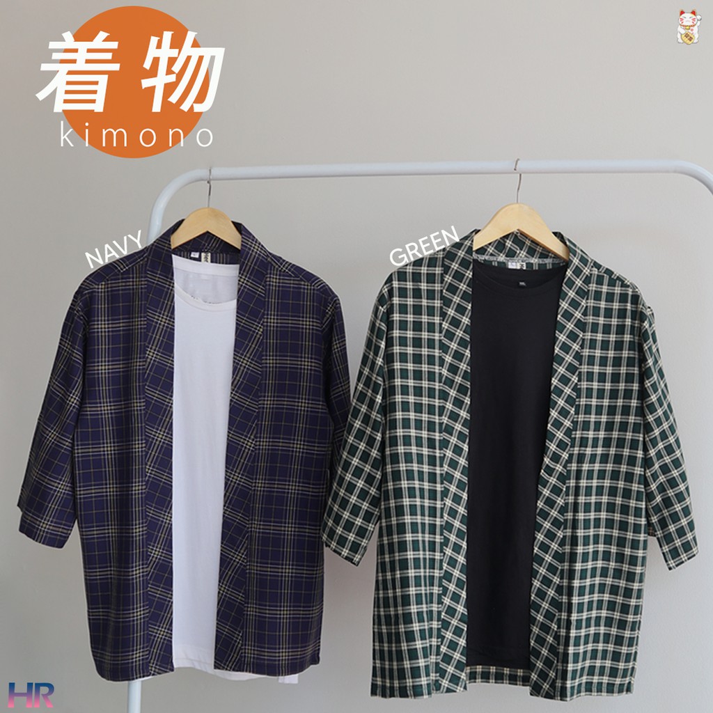 Kimono Kotak-Kotak Unisex Katun Flanel