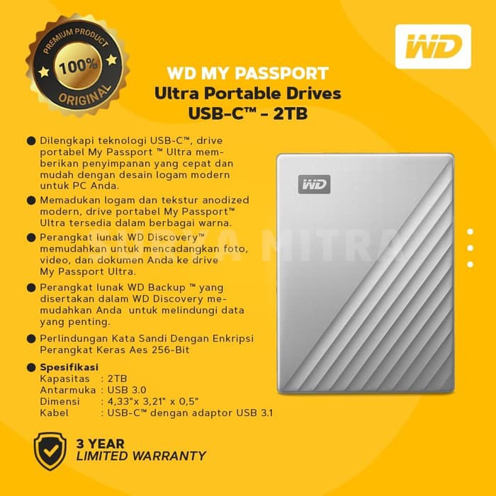 Hardisk Eksternal WD My Passport Ultra 2TB Type C USB 3.1 (Free Pouch)