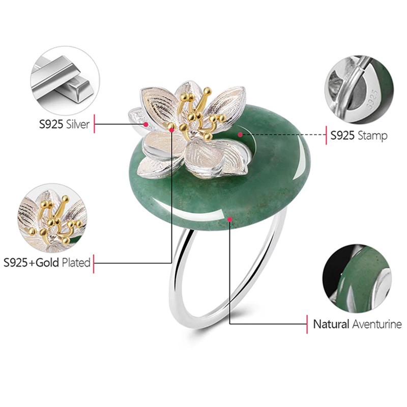 SERI SERI Cincin Wanita Perak 925 Asli Jade Lotus Wanita Sterling Silver Adjustable Ring Daun