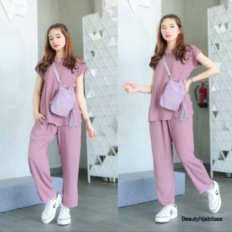 Pajamas Polos Busui Lengan Pendek Celana Panjang Bahan Katun Rayon LD 120