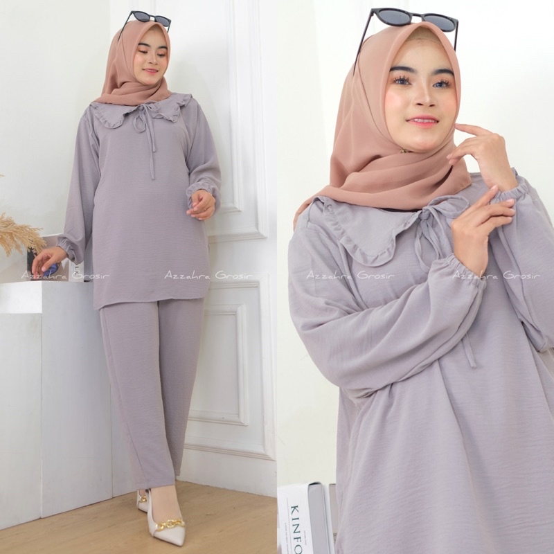 Azzahra Yuki Set Ld112 - SetCel Crinkle Jumbo Bigsize Oversize Kerah Pita tali One Set Setelan Wanita / 358-6889