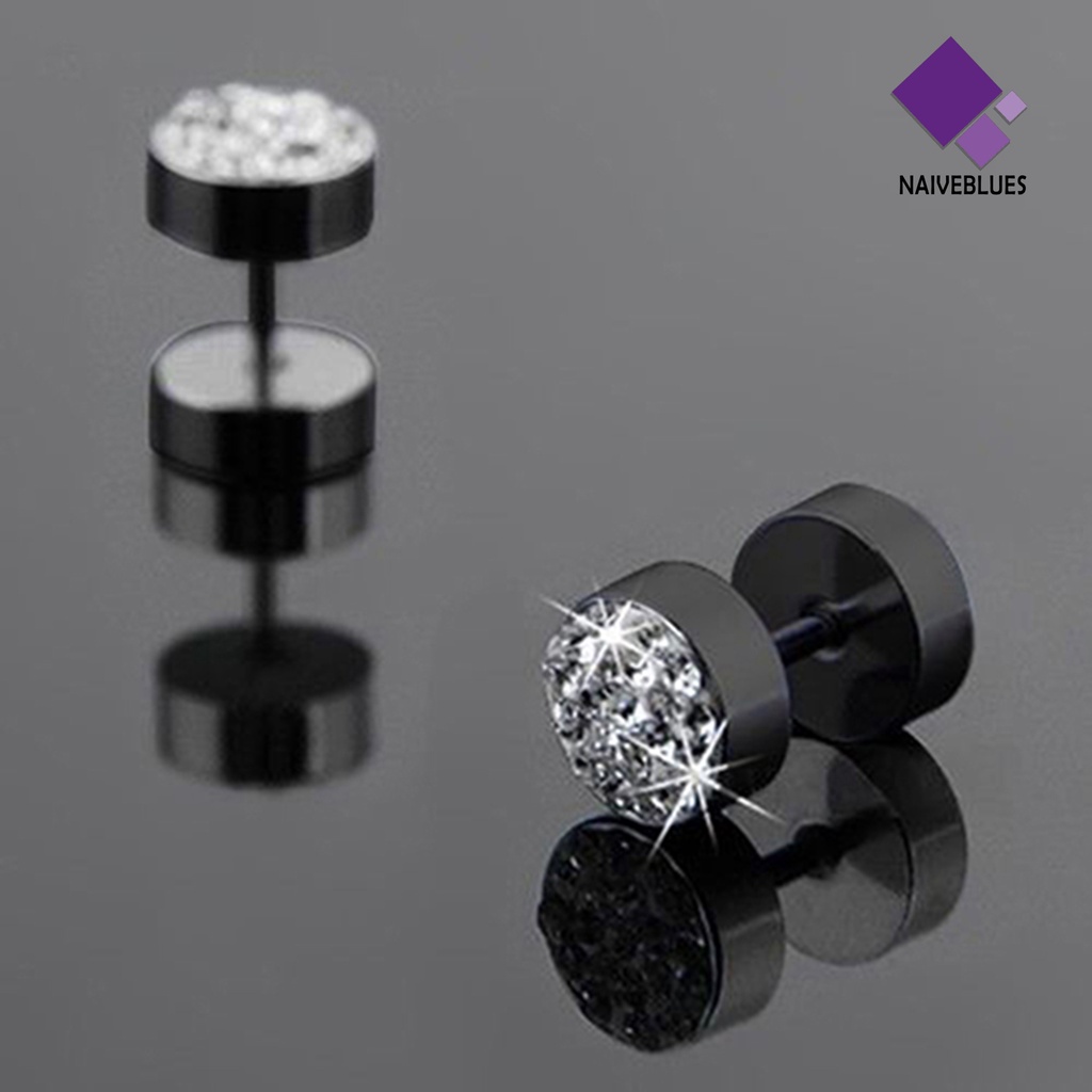 Anting Stud Pria Bentuk Barbel Bahan Stainless Steel Anti Korosi Aksen Berlian Imitasi Untuk Pesta