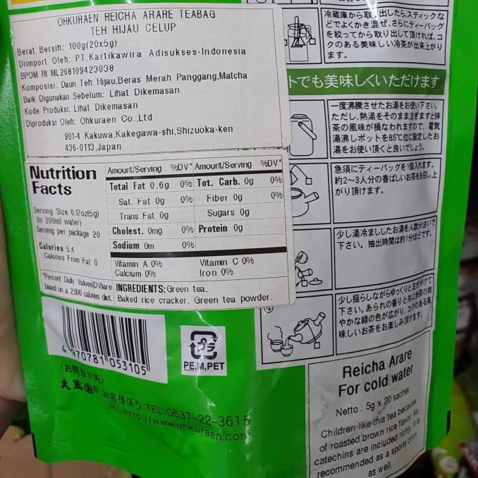 

[[BISA COD]] OHKURAEN teh hijau diet celup japan reicha arare green tea 20 bag PRODUK TERBATAS Kode