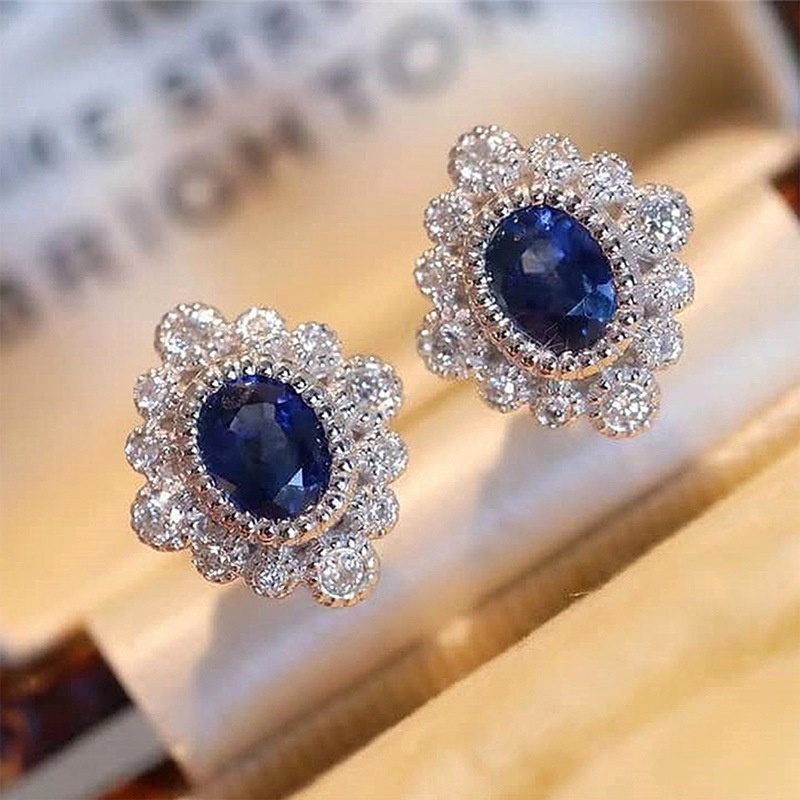 Anting Stud Cubic Zirconia Bentuk Oval Warna Putih Biru Lapis Silver Untuk Wanita