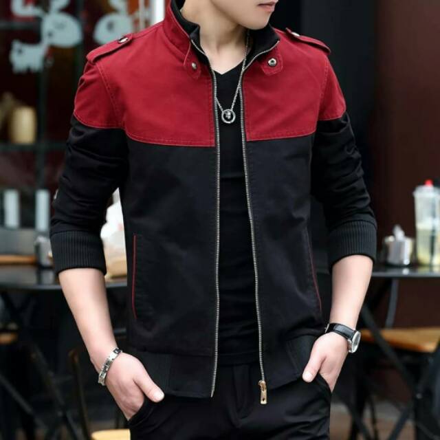 Jaket Harrington Combi Merah Hitam | Jaket Korea Kombi