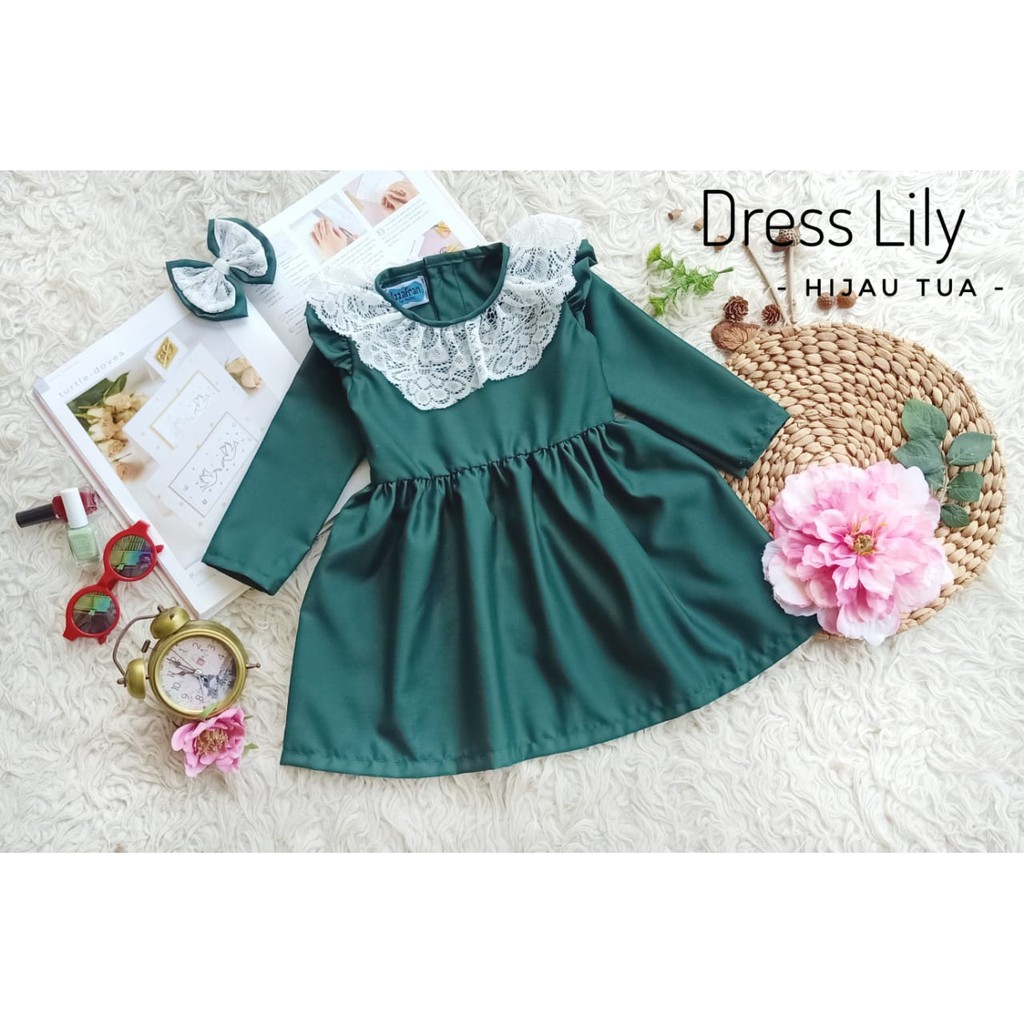 Baju Anak Dress Lily Warna Hijau Botol Usia Newborn-10 Tahun (ReadyStock)
