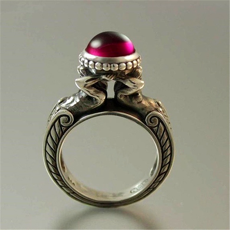 Cincin Lapis Silver 925 Desain Mermaid Ruby Gaya Vintage Untuk Wanita