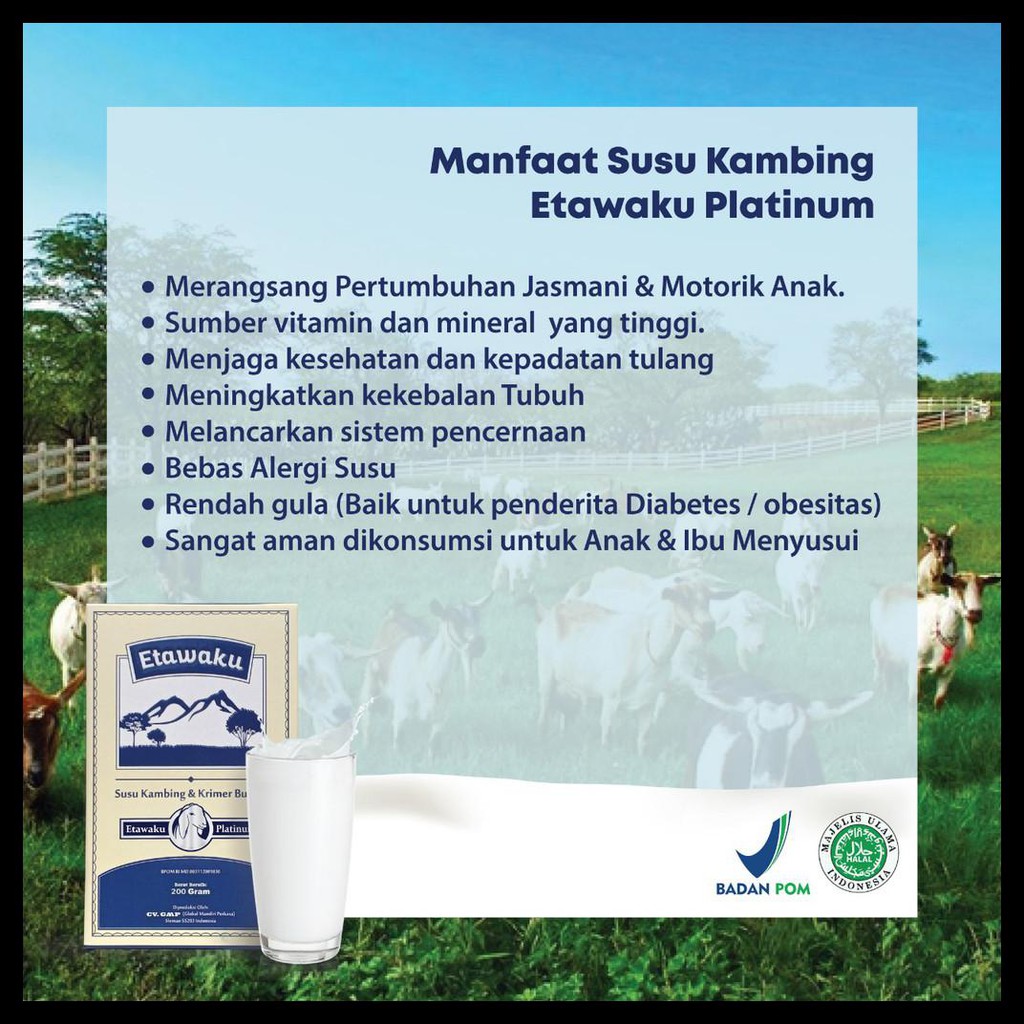 

Ready Etawaku Platinum Krimer Bubuk Susu Kambing Provit Etawa Bebas Pengawet & Pewarna Rendah Gula