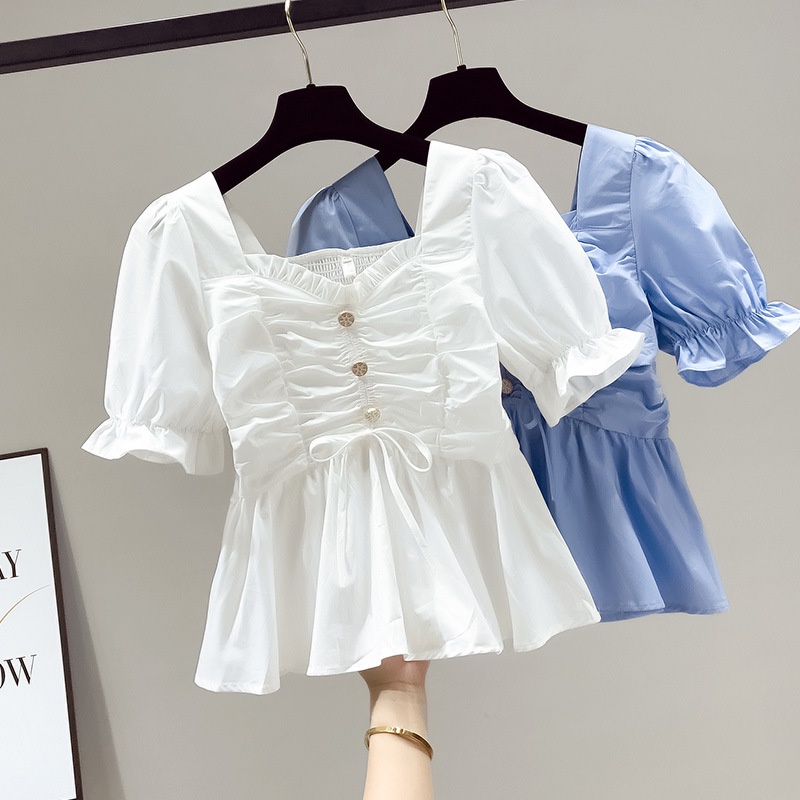 [✅BISA COD]  #Sisjuly# Wanita Lengan Pendek Chiffon Kemeja Putih Wanita Tipis Gaya Baru Menutupi Perut Pinggang Kecil Kemej