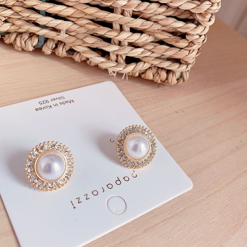 2020 Anting Tusuk Desain Geometri Bulat Hias Mutiara + Berlian Gaya Korea Untuk Wanita