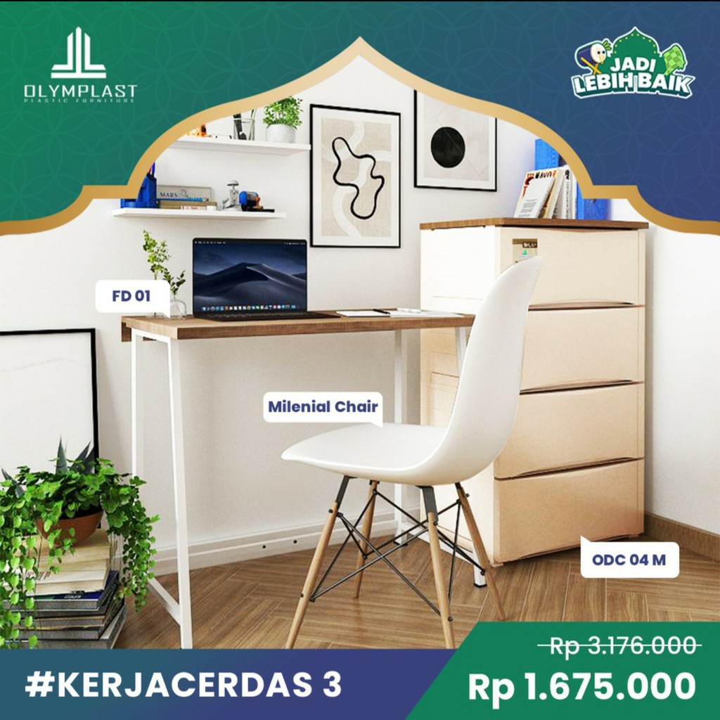 Kerja Cerdas 3 ( Meja Kerja FD-01, Kursi Millenial, Lemari 4 Susun Modern) OLYMPIC