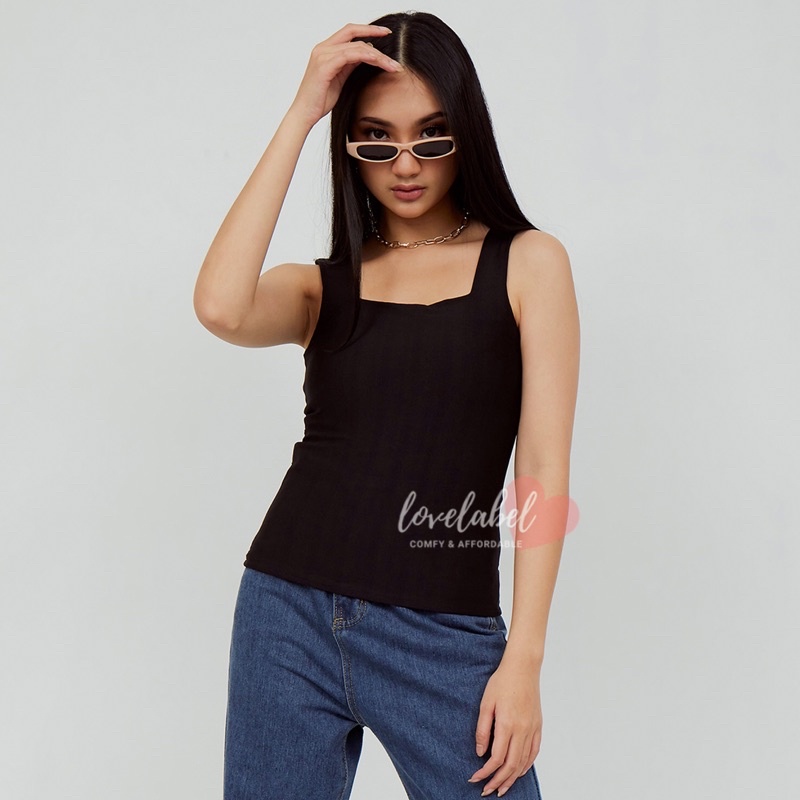 Cessa Tanktop Square Kotak Wanita Jersey Tebal Atasan Kamisol-Hitam L